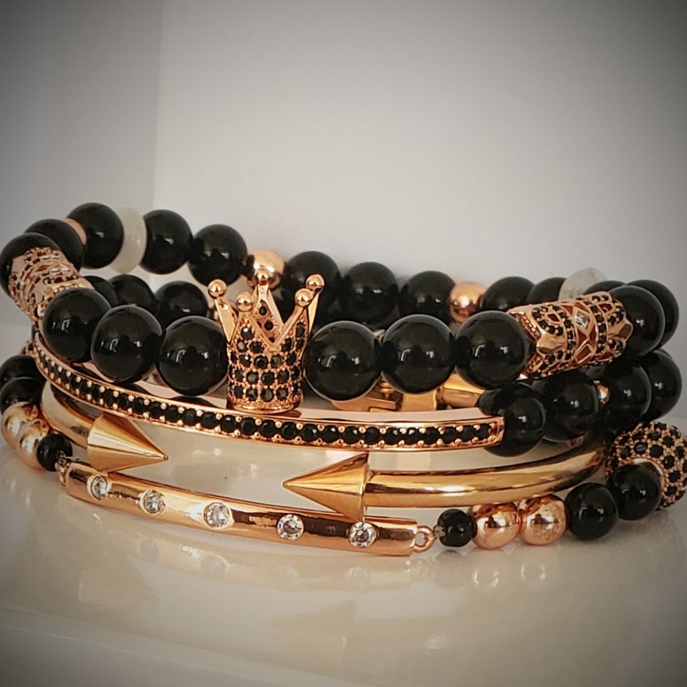 Women's Rose Gold and Onyx Crown Bracelet set